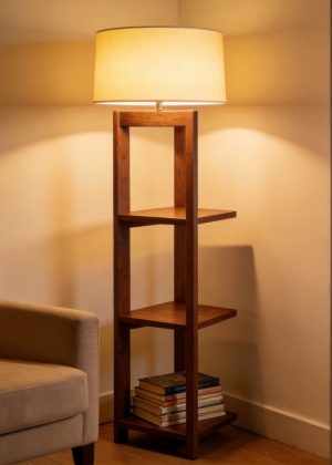 Floor Lamp with Three-Tier Timber Shelves