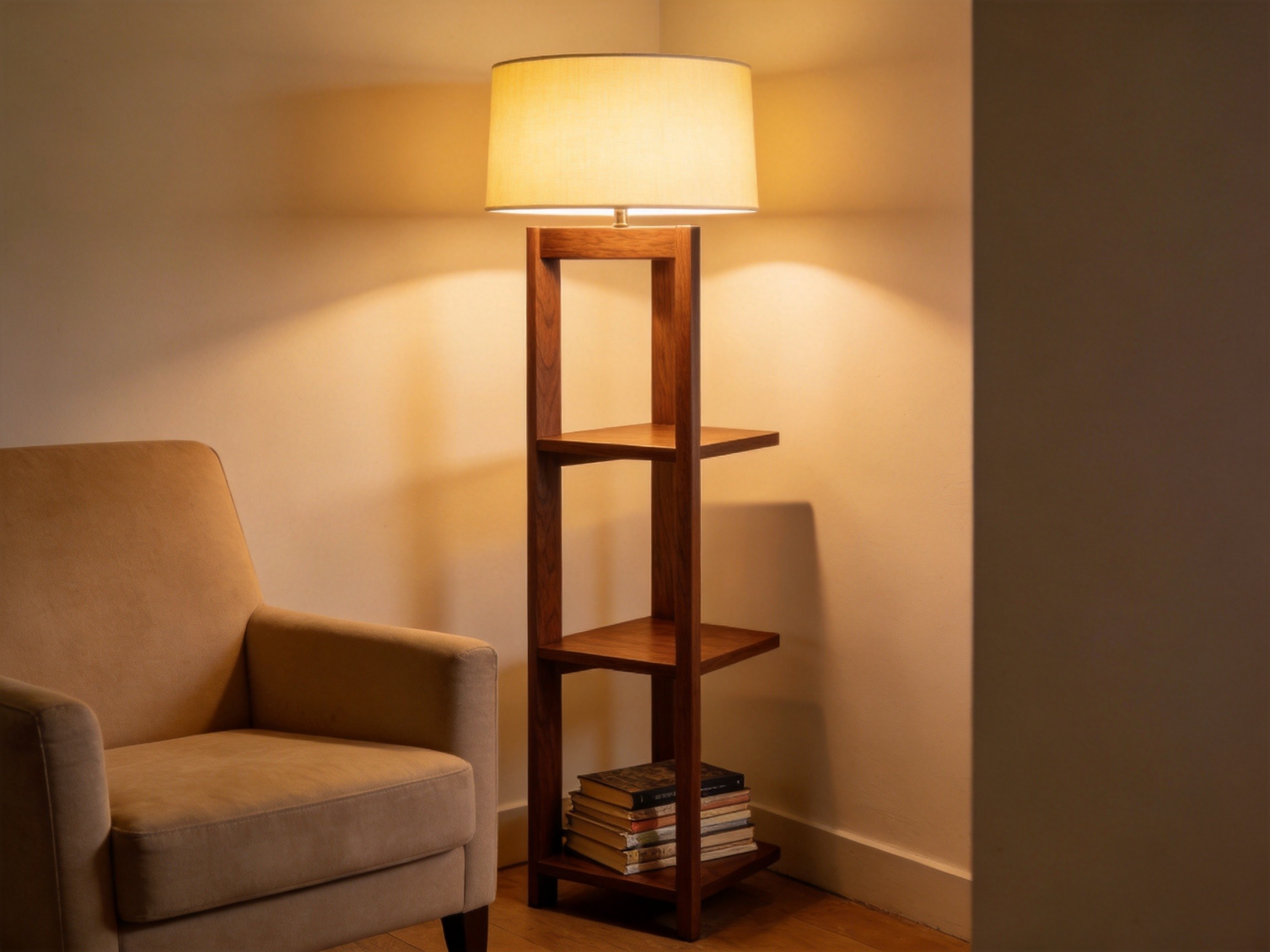 Floor Lamp with Three-Tier Timber Shelves